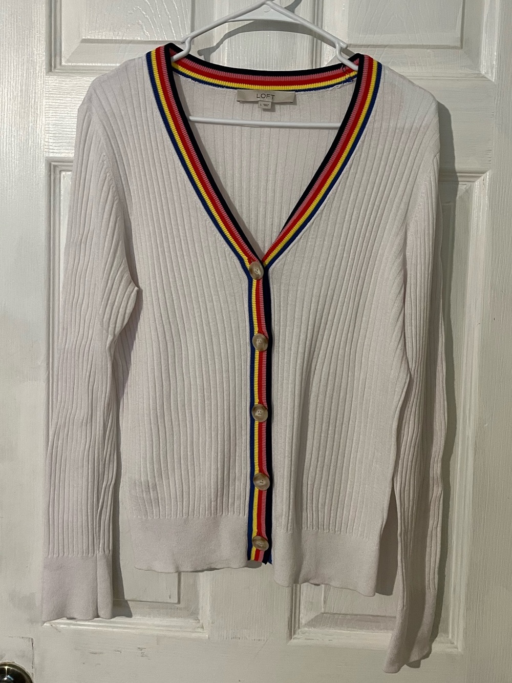 LOFT White Ribbed Cardigan with Multicolor Stripe Trim